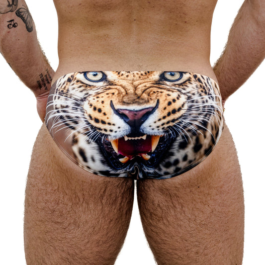 Cheetah print swimwear worn by a person on a white background