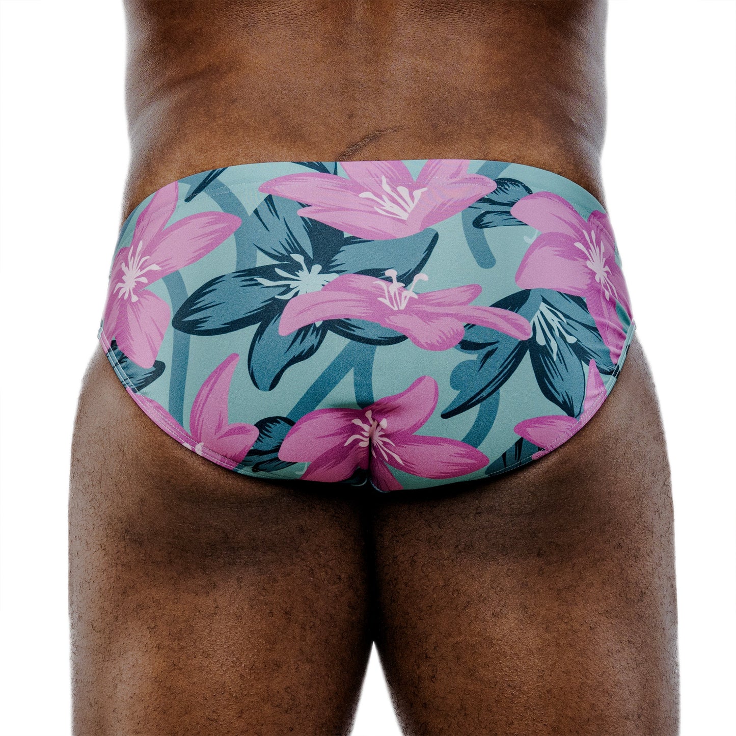 Floral-patterned speedo on a person against a white background