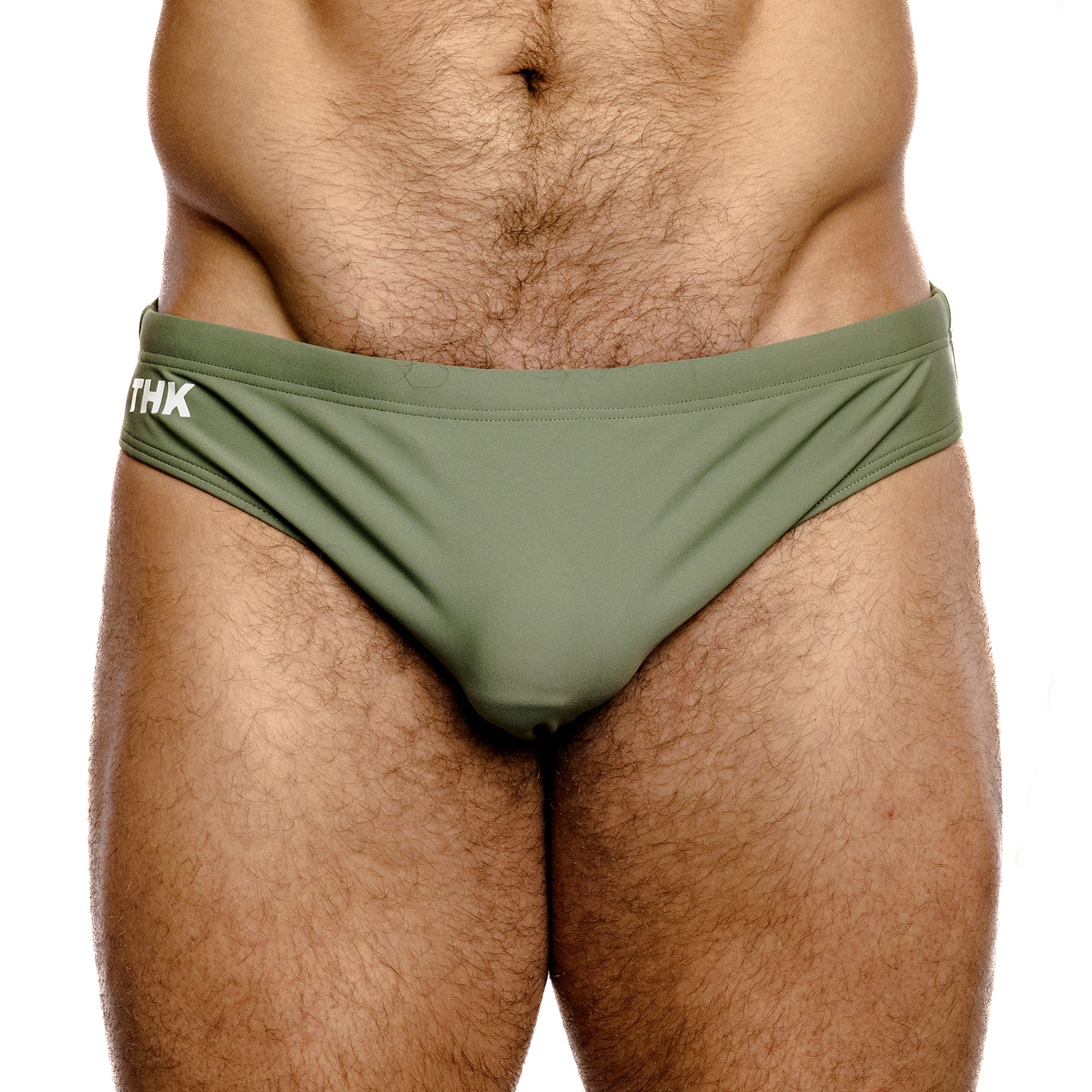 Sage green men's speedo with 'THK' branding on a white background