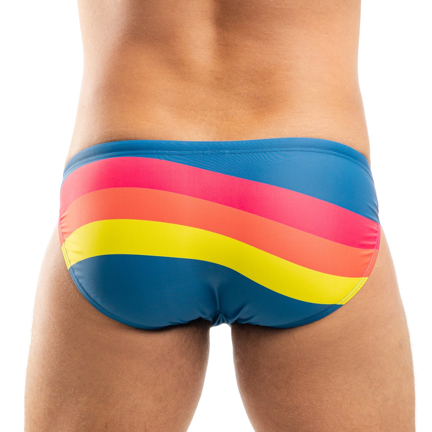 Multicolored speedo with a rainbow pattern on a white background