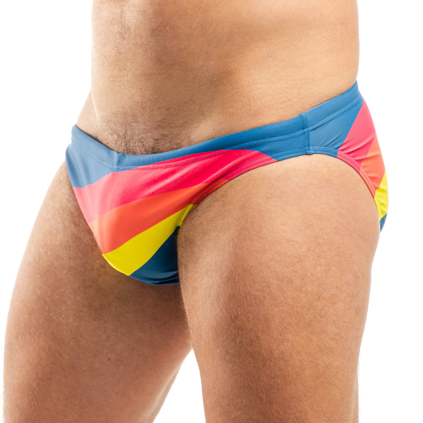 Colorful swimwear with a rainbow pattern on a white background