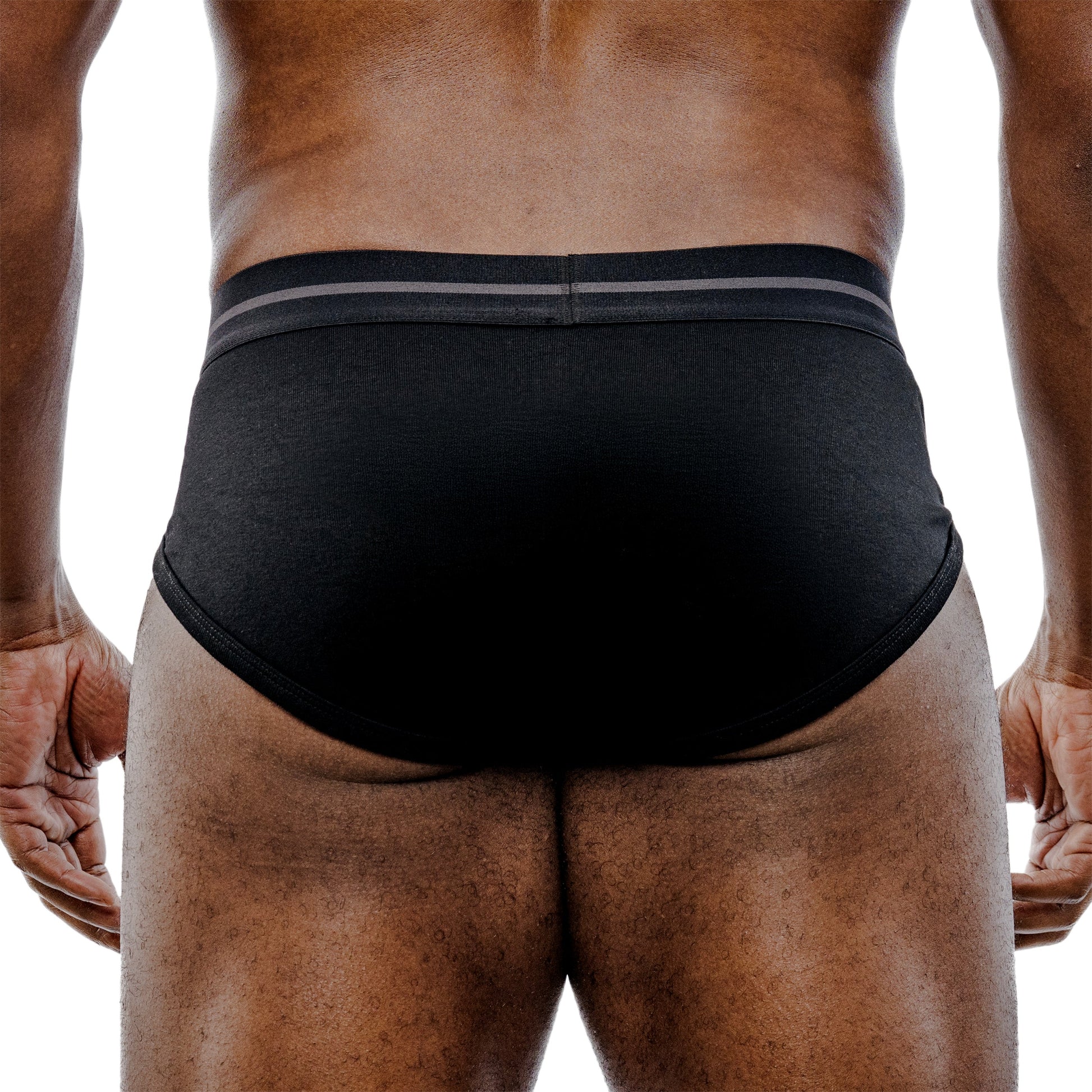 Black men's underwear with gray waistband on a white background