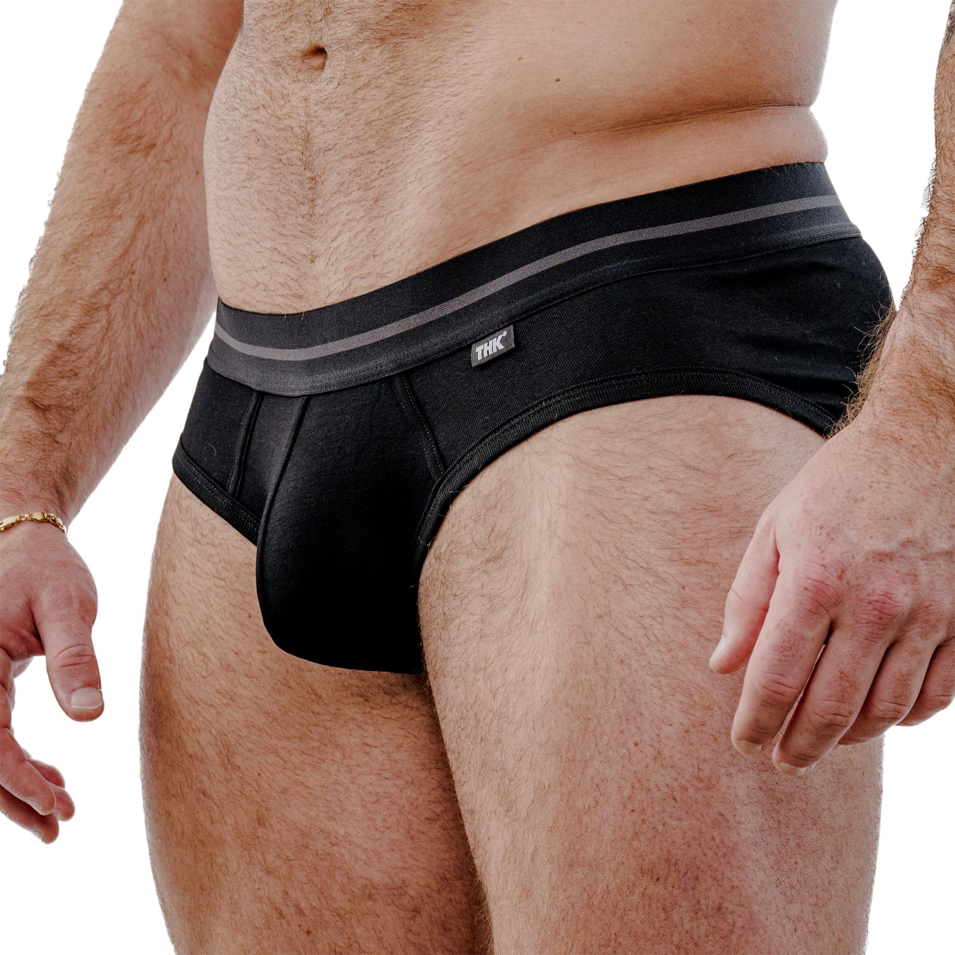 Black men's underwear with a brand logo on a white background