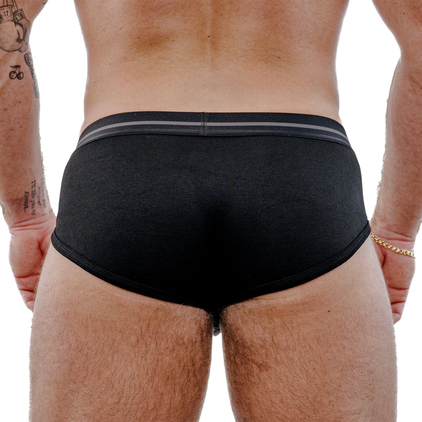 Black men's underwear with gray waistband on a white background
