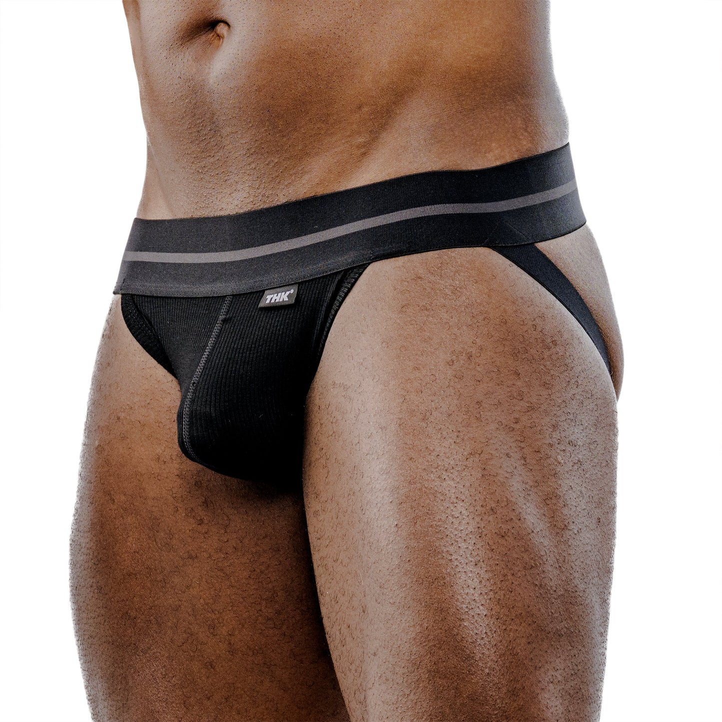 Black men's jock with a visible brand logo on a white background