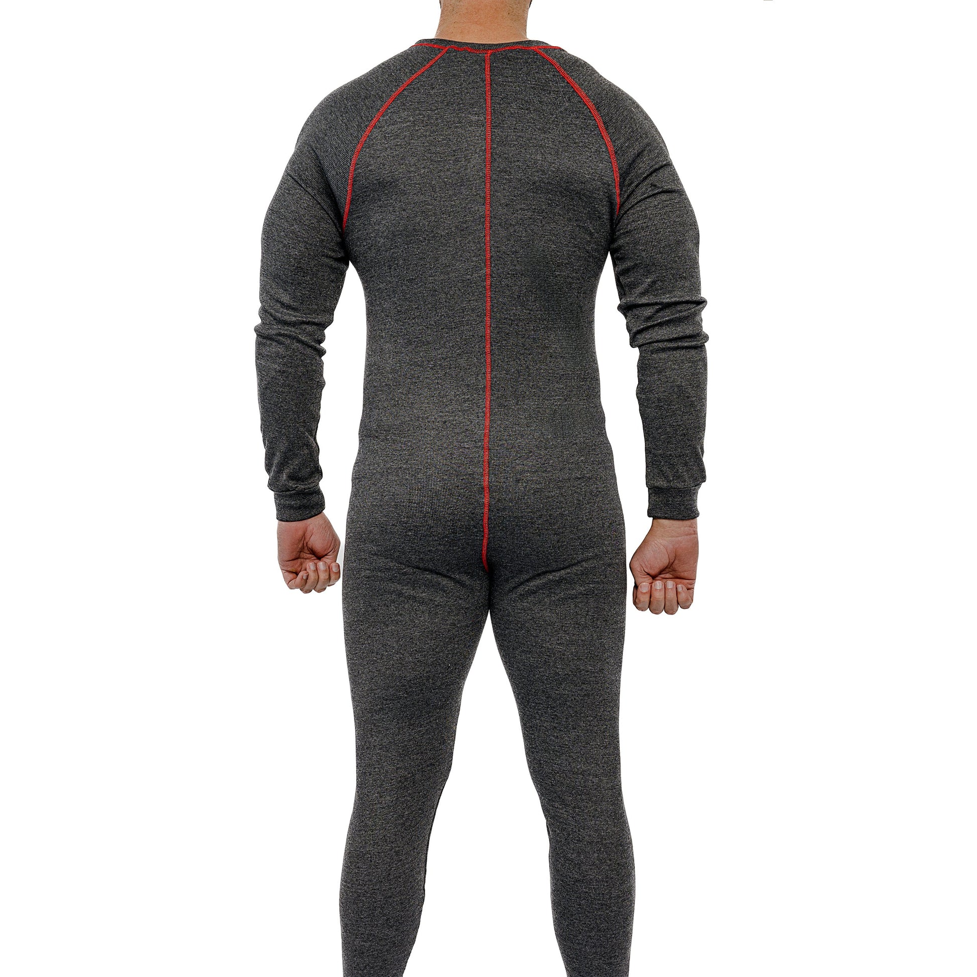 Gray loungewear with red stitching on a white background