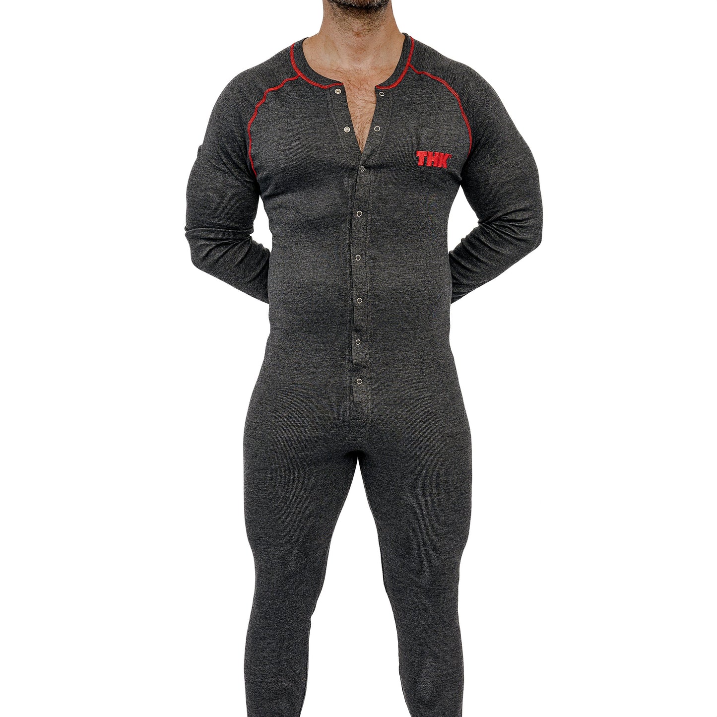 Gray adult onesie with red thk logo on a white background