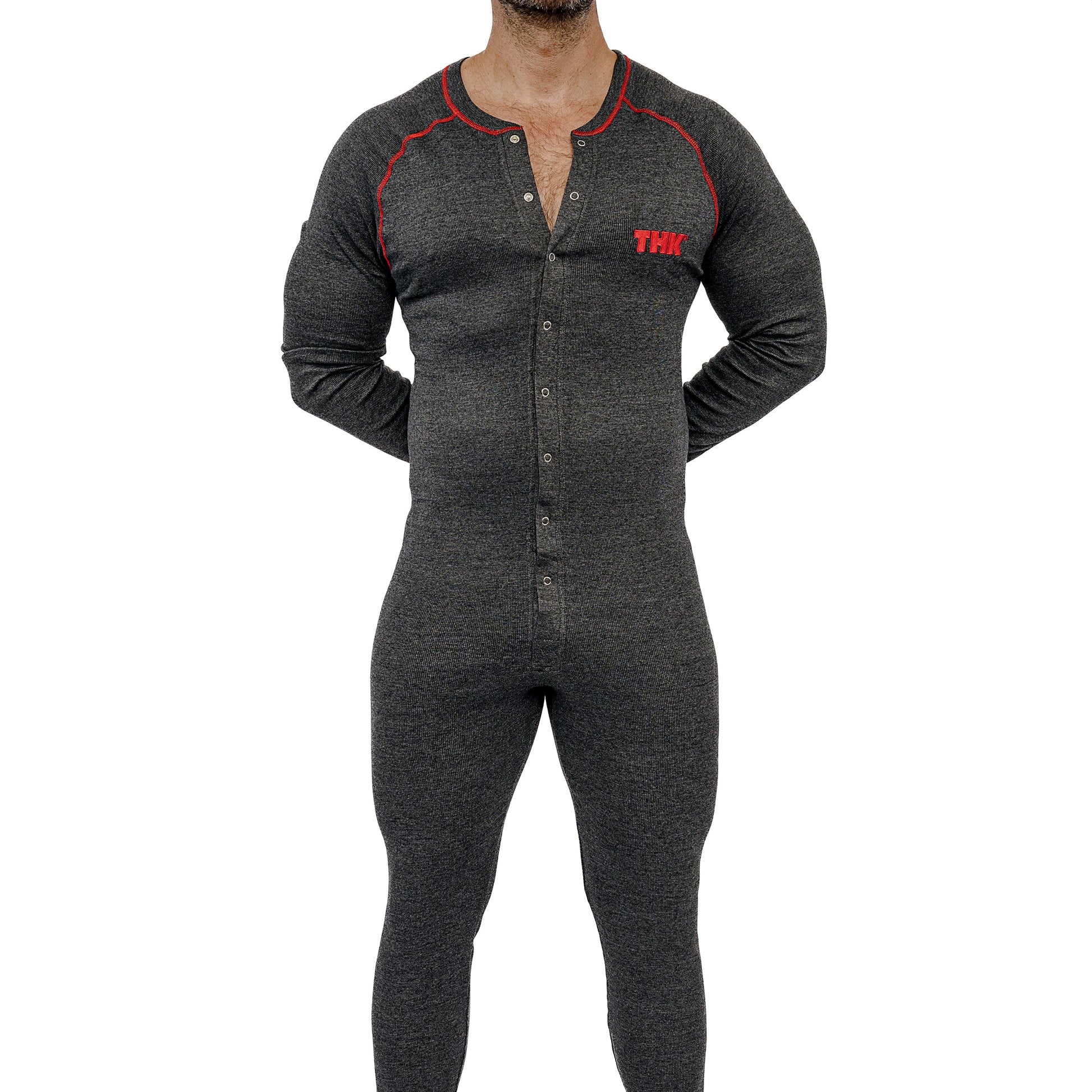 Gray adult onesie with red thk logo on a white background