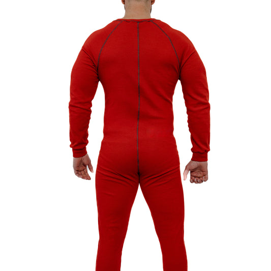 Red union suit loungewear from back on a white background
