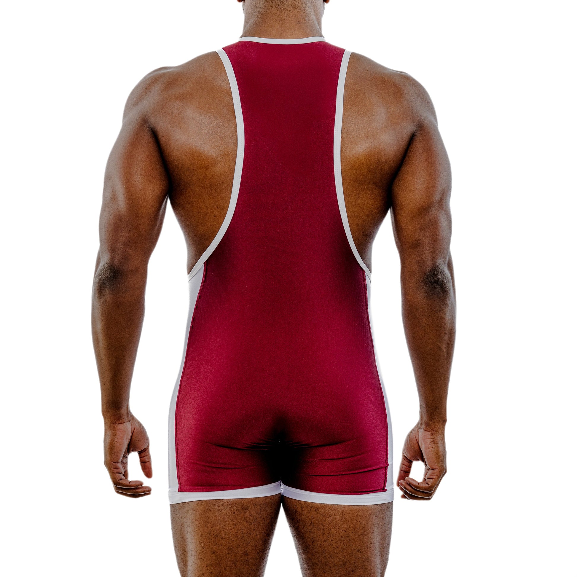 Red wrestling singlet with white trim on a white background