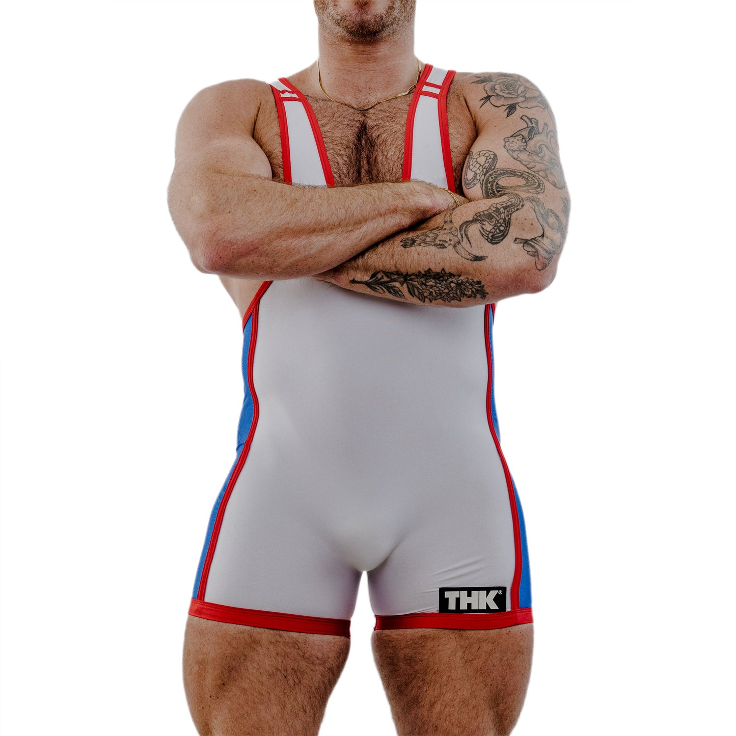 Person wearing a white wrestling singlet with red and blue accents on a white background