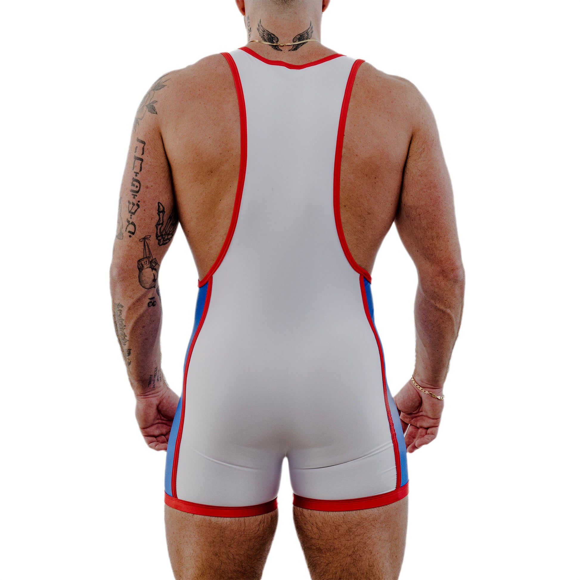 Person wearing a white wrestling singlet with red and blue accents on a white background