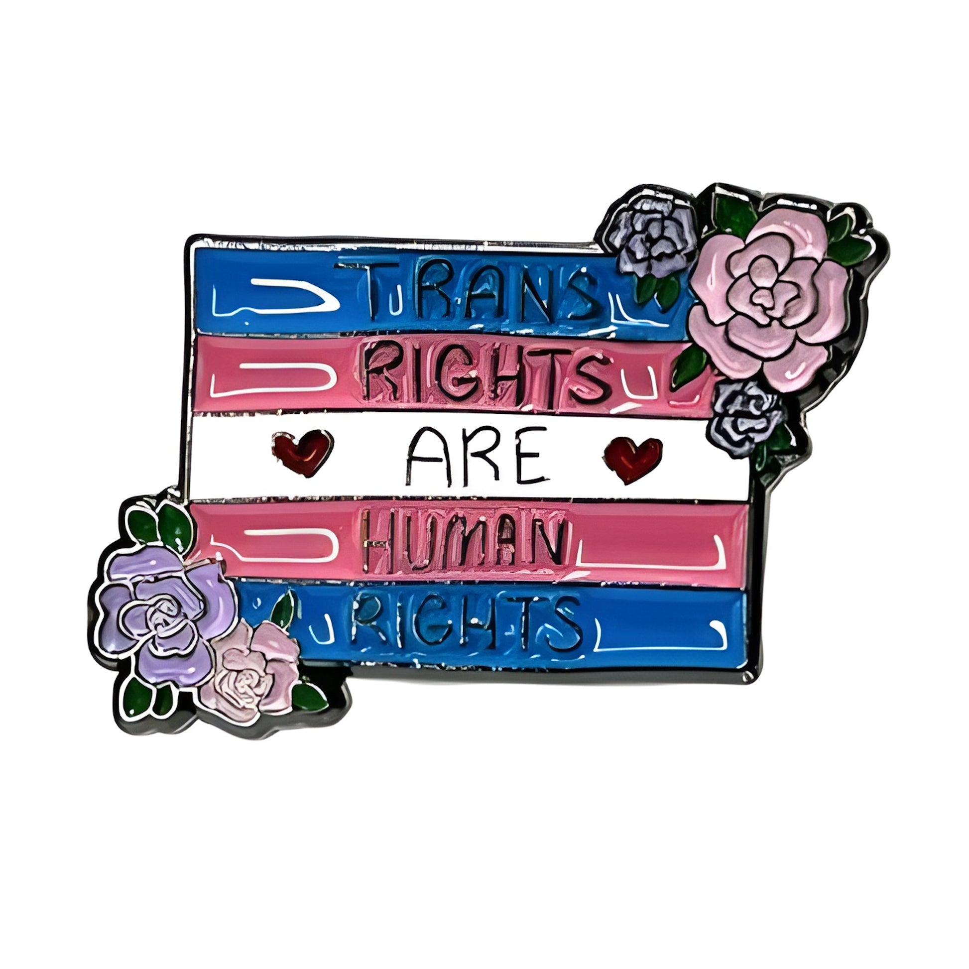 Pin with 'Trans Rights Are Human Rights' text and floral designs on a white background