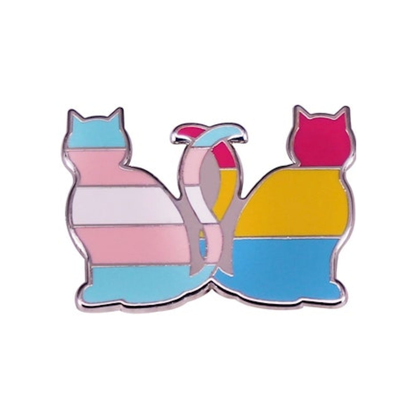 Colorful cat-shaped pin with a white background