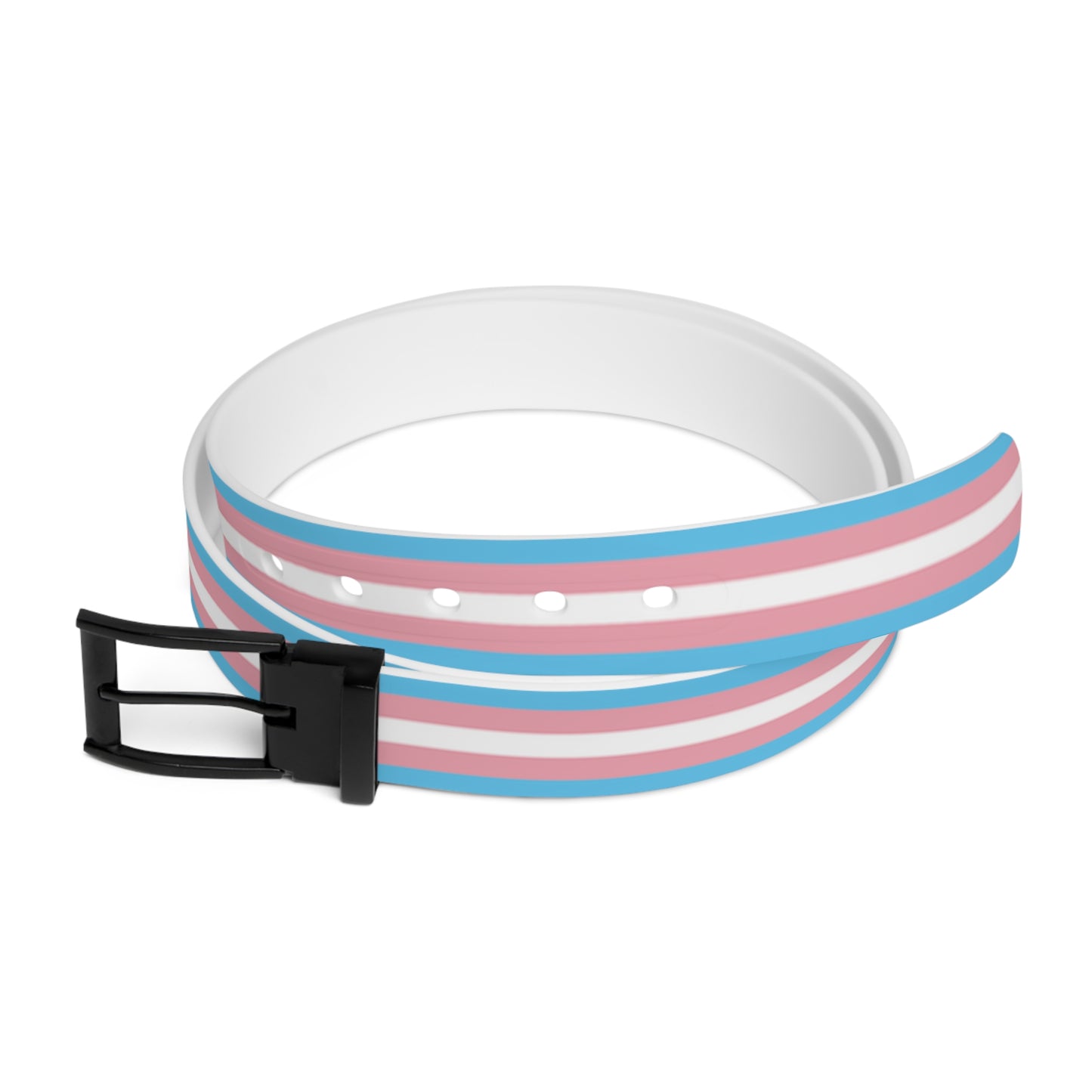 Transgender pride striped belt with a black buckle on a white background