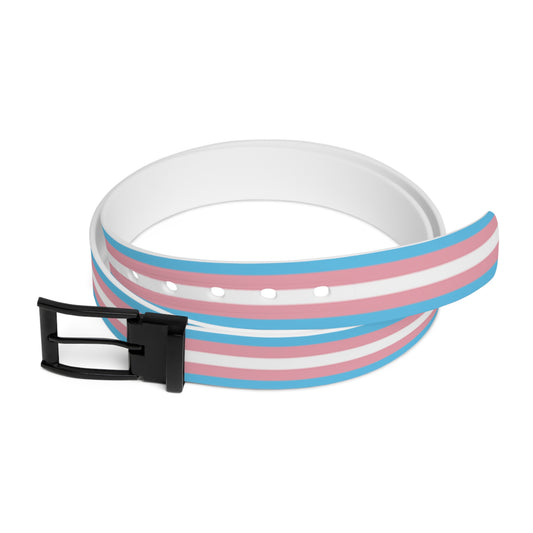 Transgender pride striped belt with a black buckle on a white background