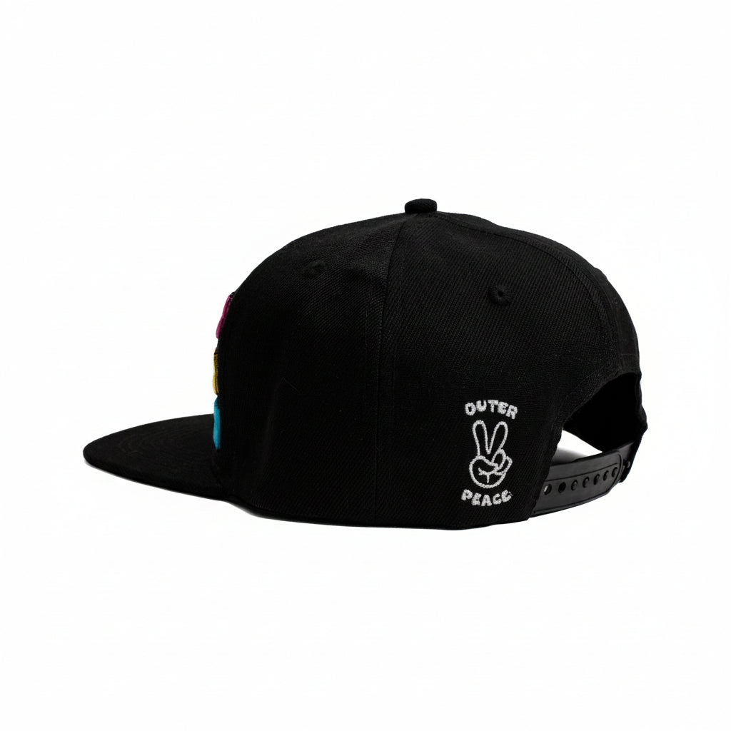 Black cap with colorful design and 'Outer Peace' logo on a white background