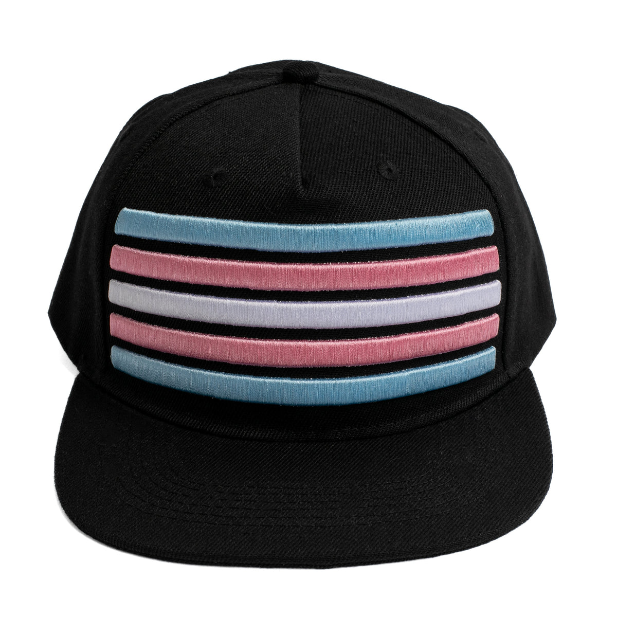 Black cap with colorful transgender flag colored stripes on a white background