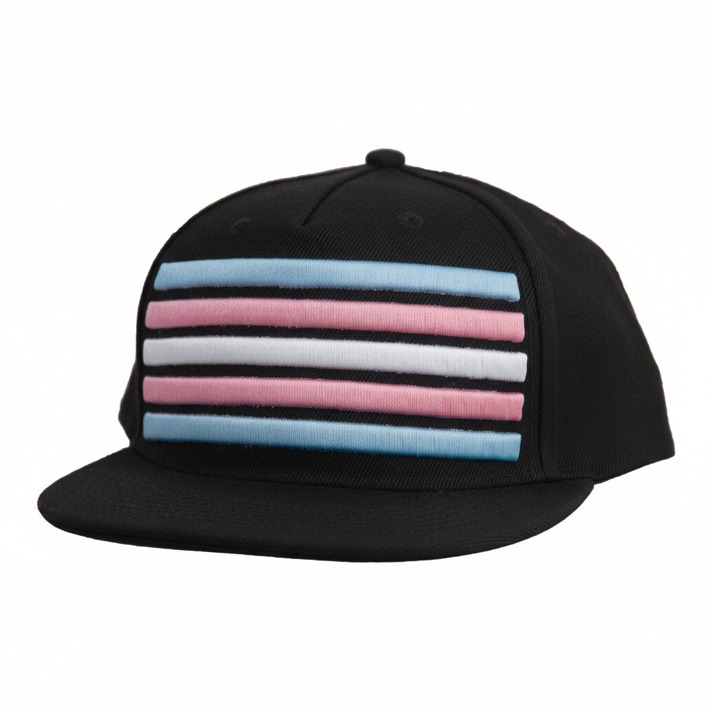Black cap with colorful transgender pride striped embroidery pattern on a white background