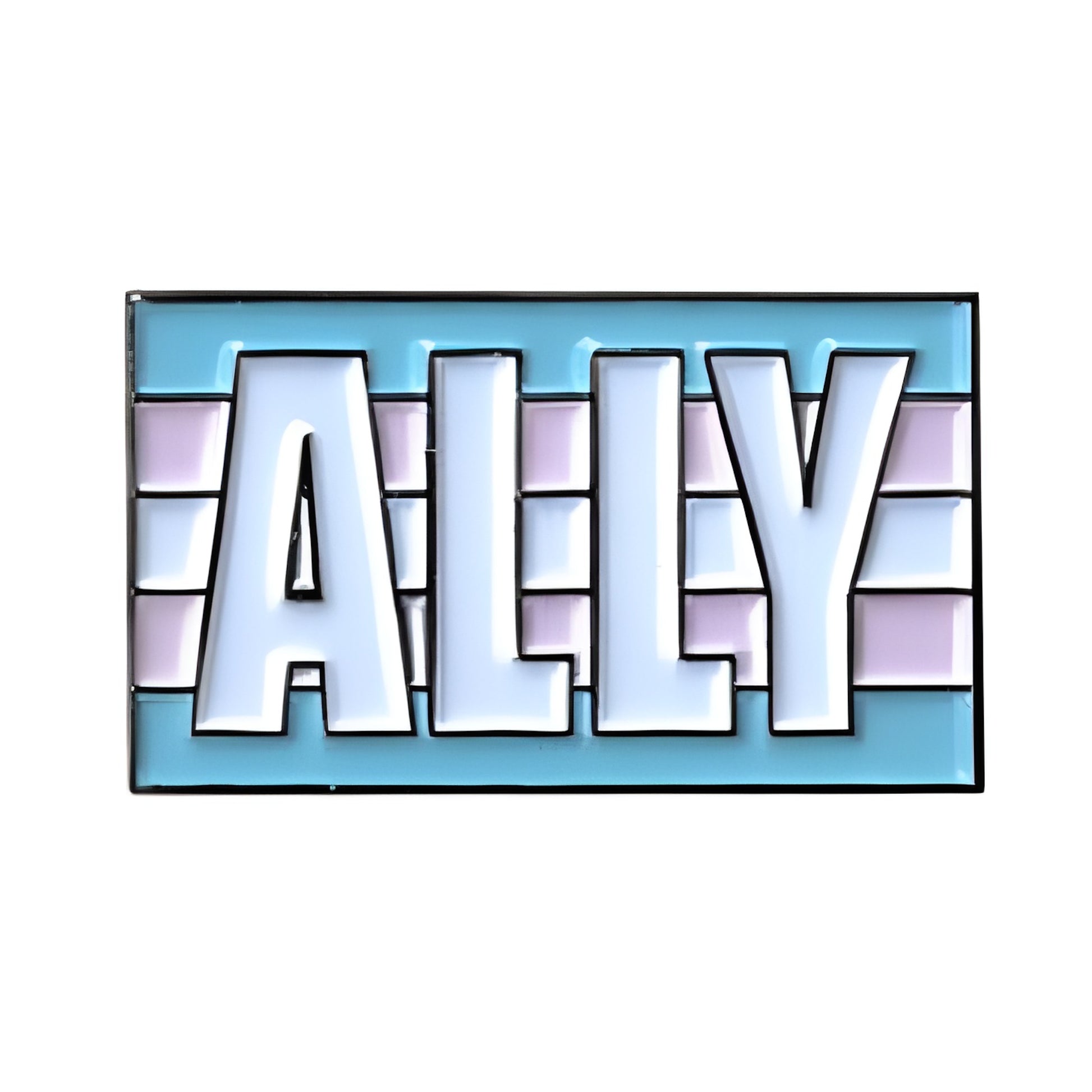 Trans Pride Flag pin with 'ALLY' text on a white background