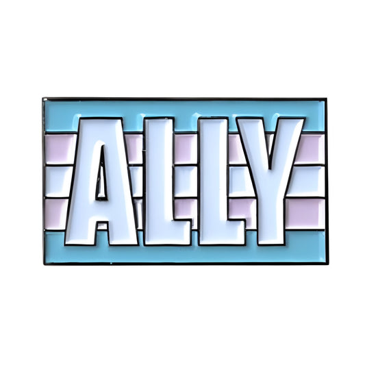 Trans Pride Flag pin with 'ALLY' text on a white background