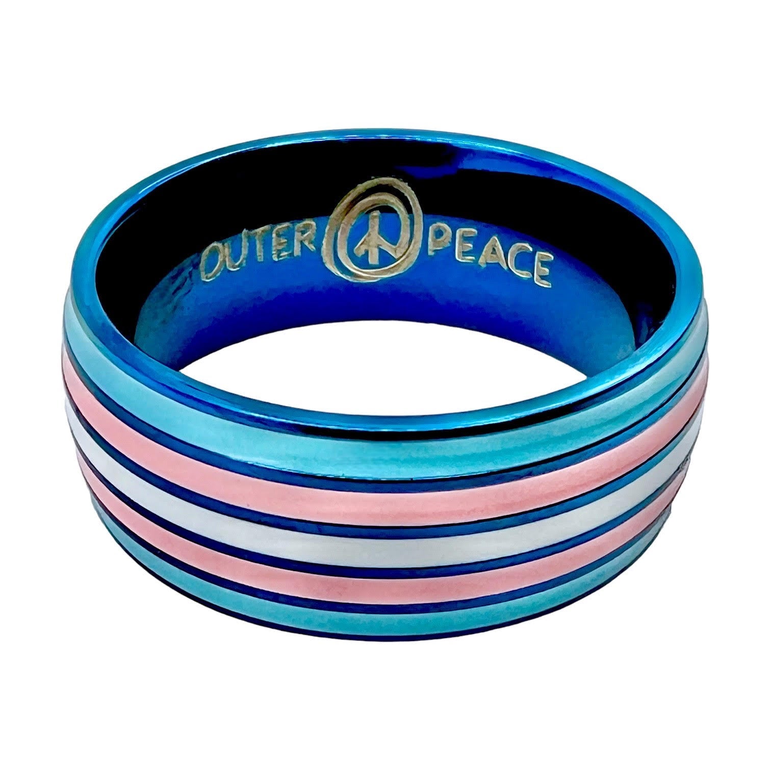 Blue steel ring with transgender flag colors and 'Outer Peace' branding on a white background