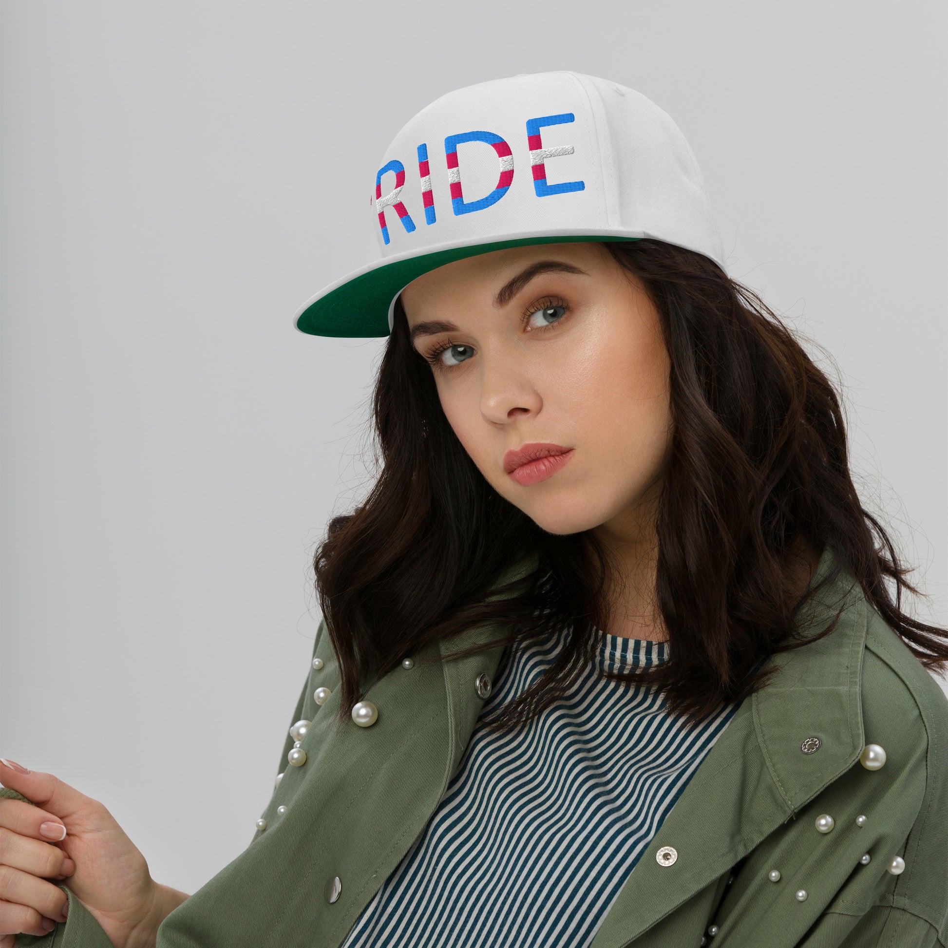 Transgender Trans Pride Embroidered Snapback Baseball Cap transgender-trans-pride-embroidered-snapback-baseball-cap-white-front-model