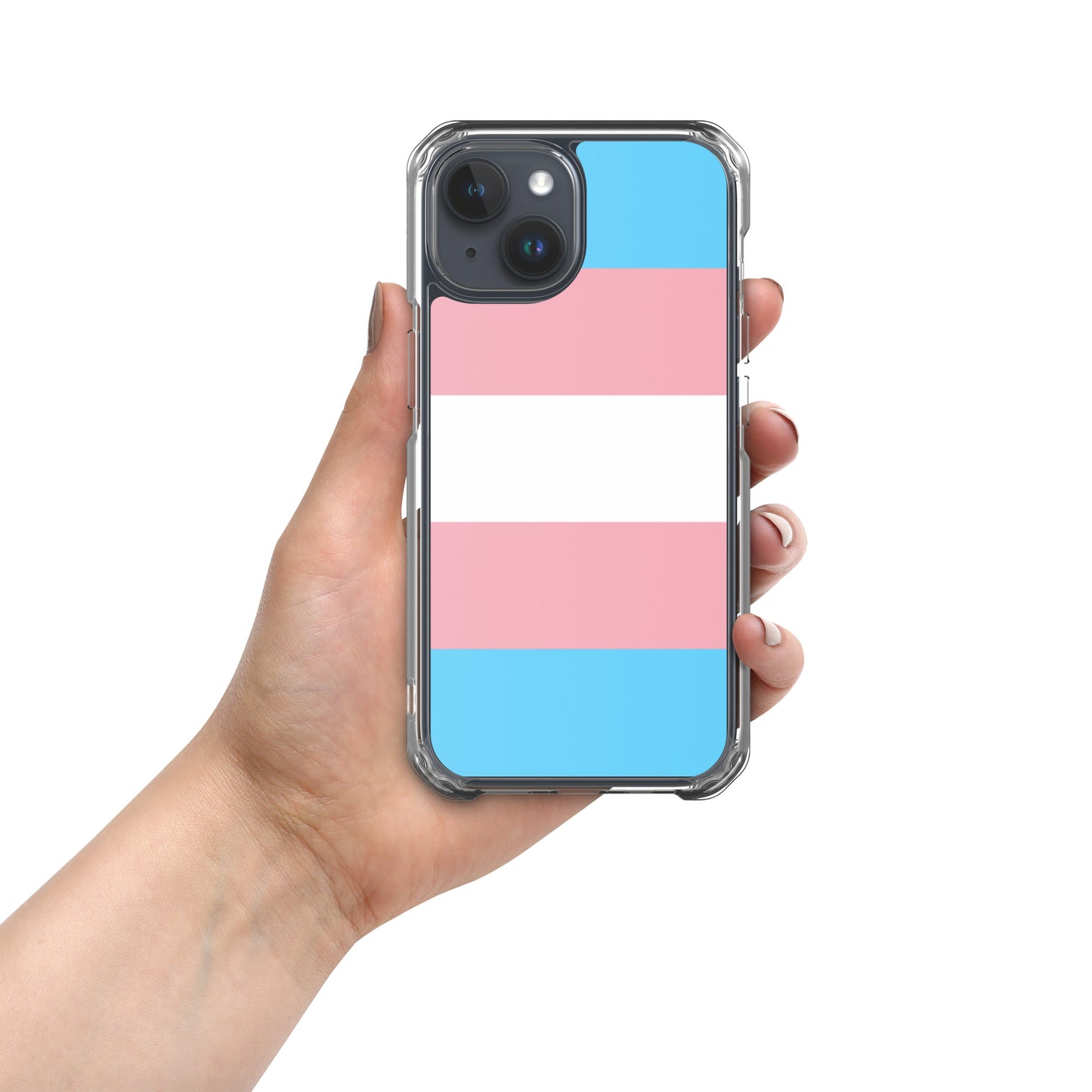 Apple iPhone 15 mobile phone case with transgender pride flag design on white background