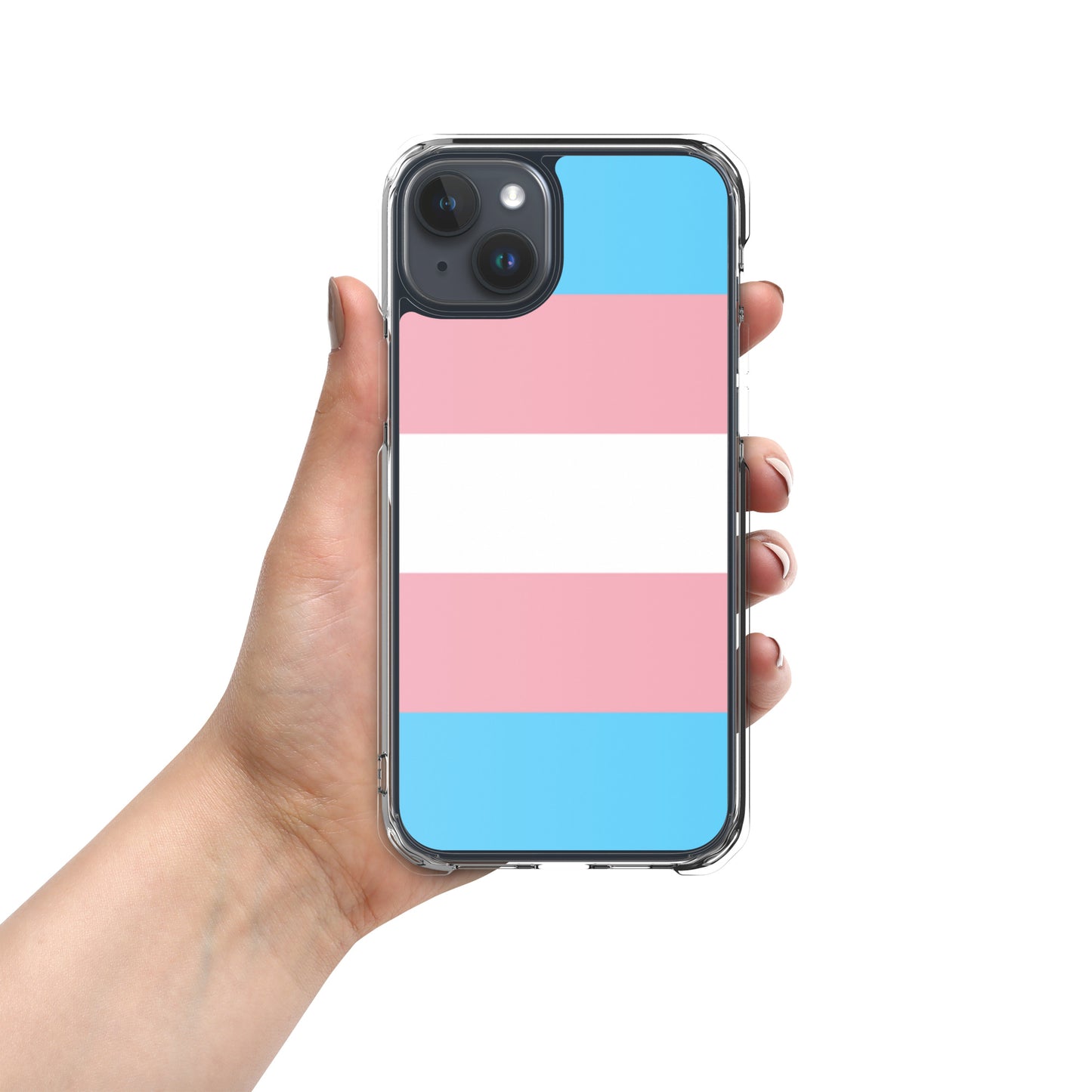 Apple iPhone 15 plus cell phone case with trans pride flag design on white background