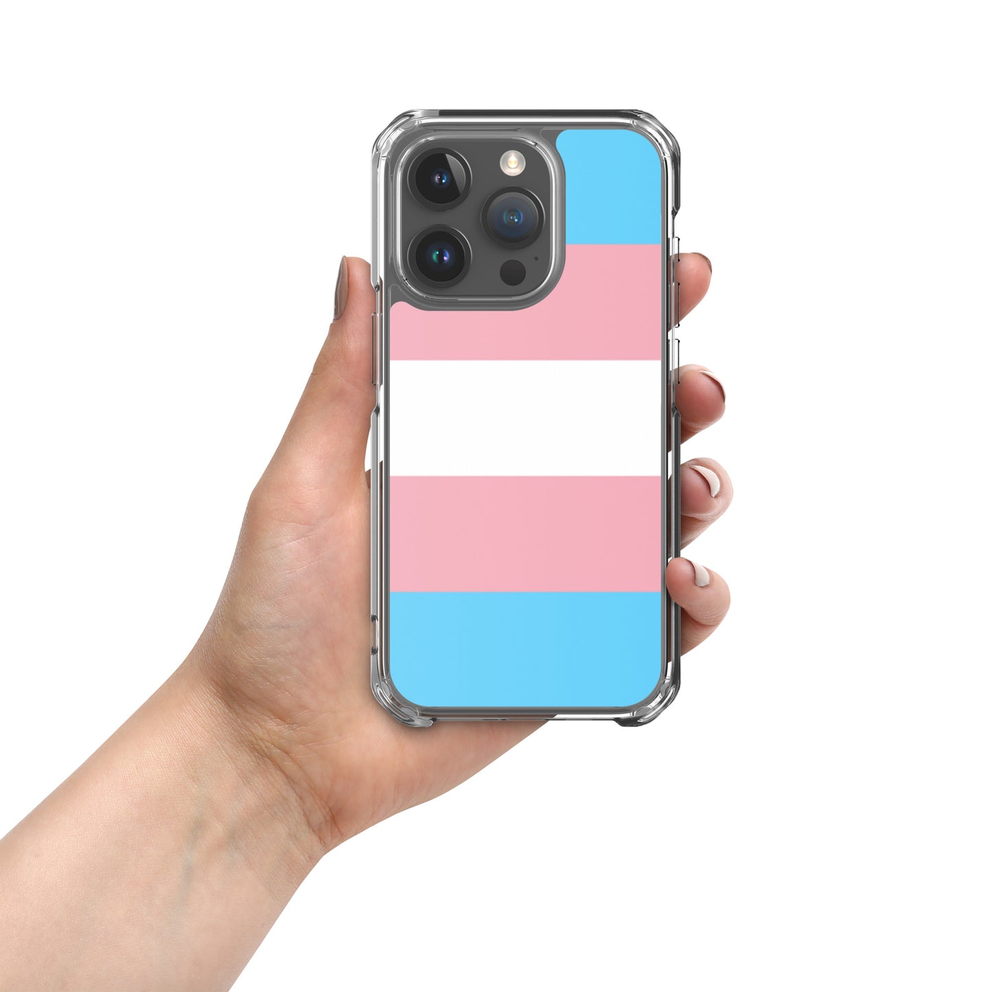 Apple iPhone 15 Pro mobile phone case with transgender pride flag design on white background