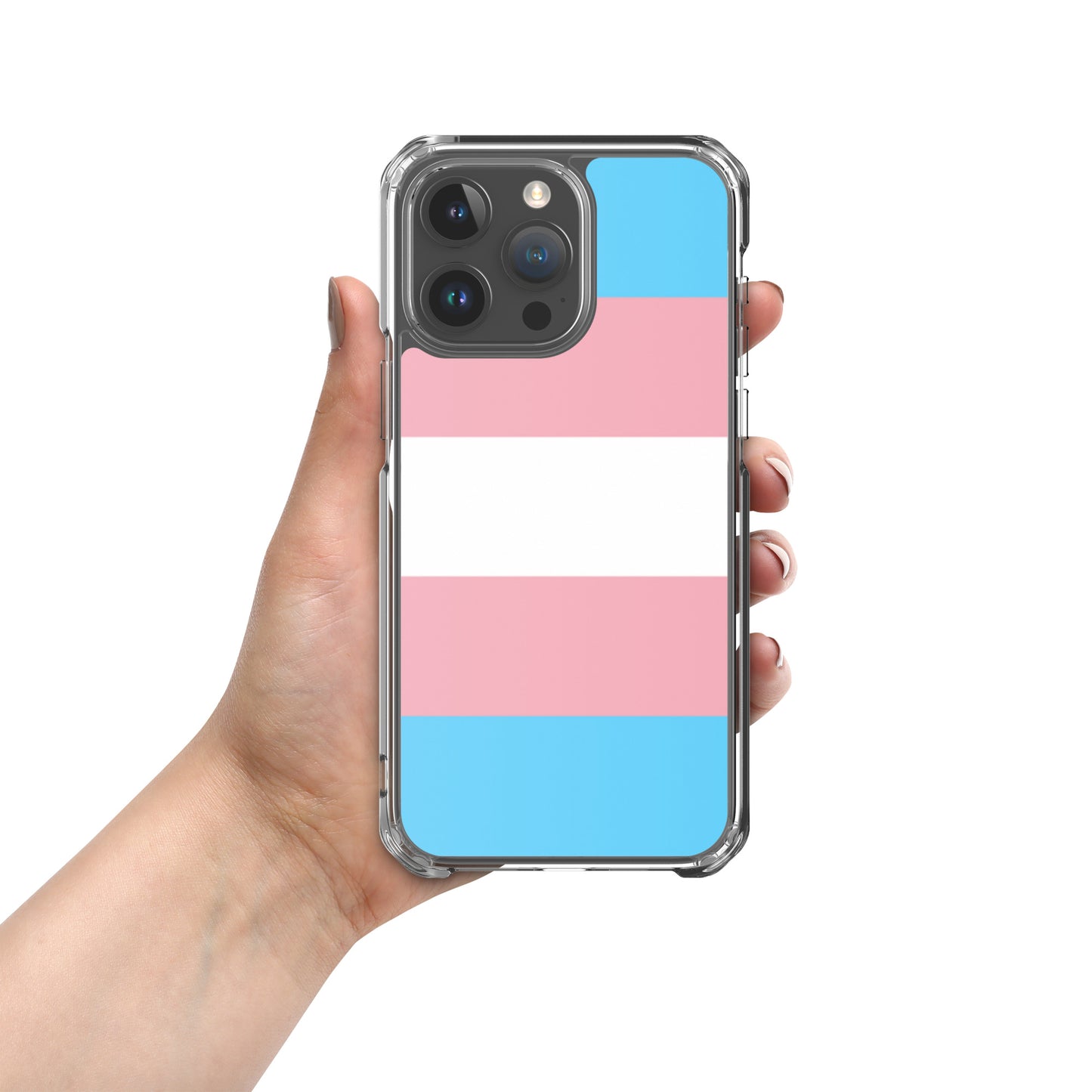 Apple iPhone 15 Pro max phone case with transgender pride flag design on white background