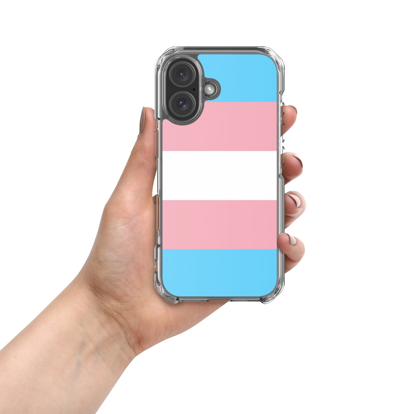 Apple iPhone 16 phone case with transgender pride flag design on white background