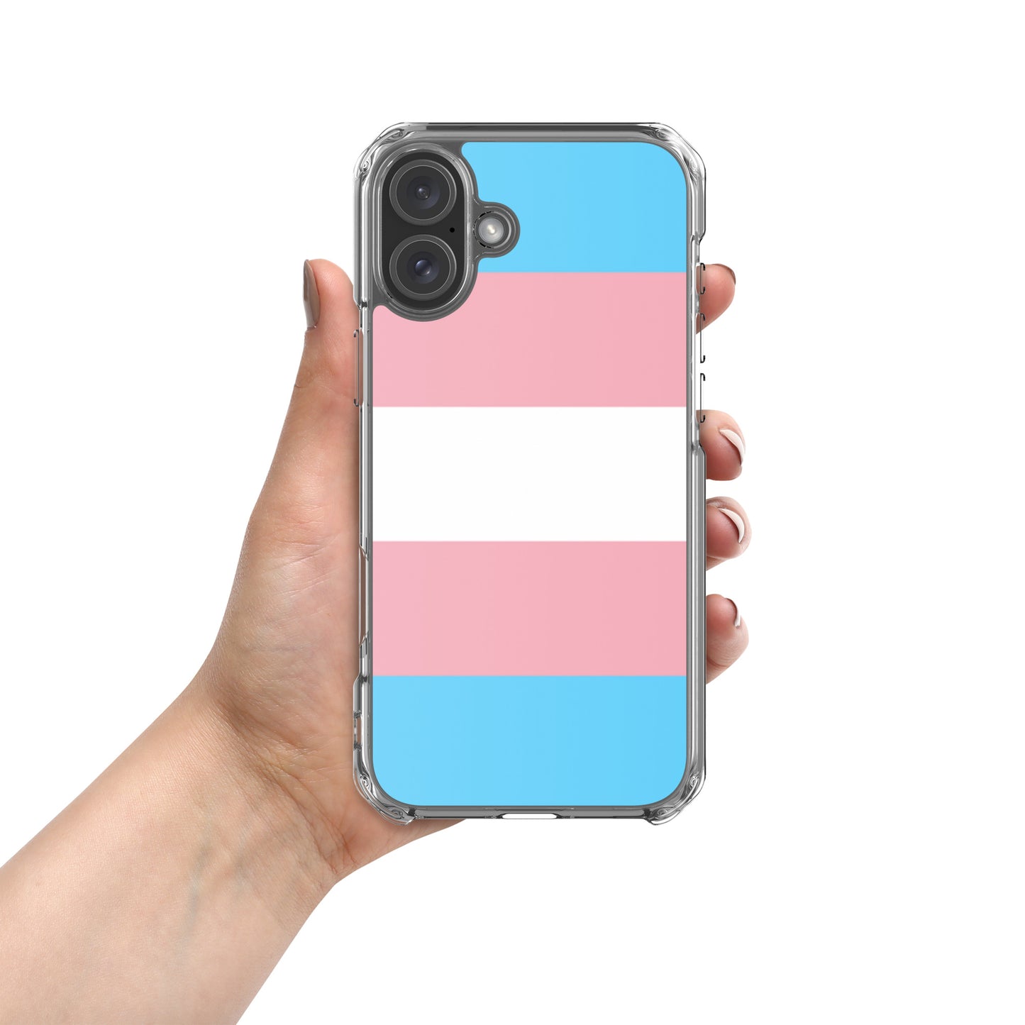 Apple iPhone 16 Plus mobile phone case with transgender pride flag design on white background