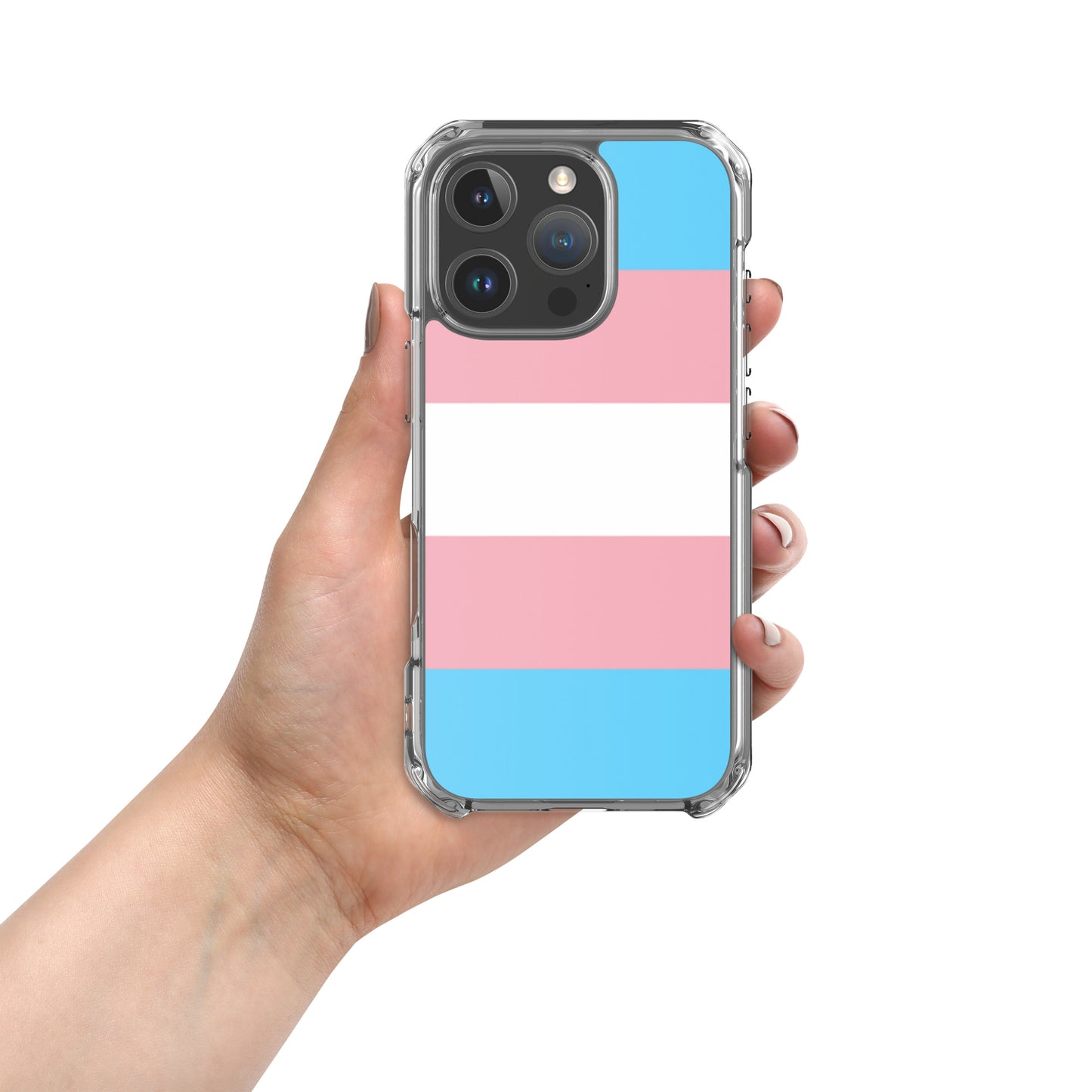 Apple iPhone 16 Pro mobile phone case with transgender pride flag design on white background