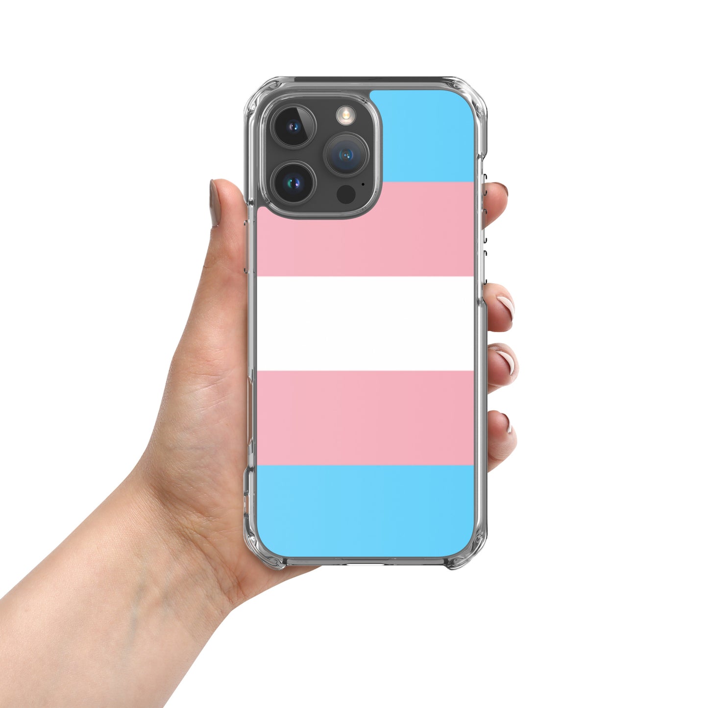 Apple iPhone 16 Pro Max mobile phone case with transgender pride flag design on white background
