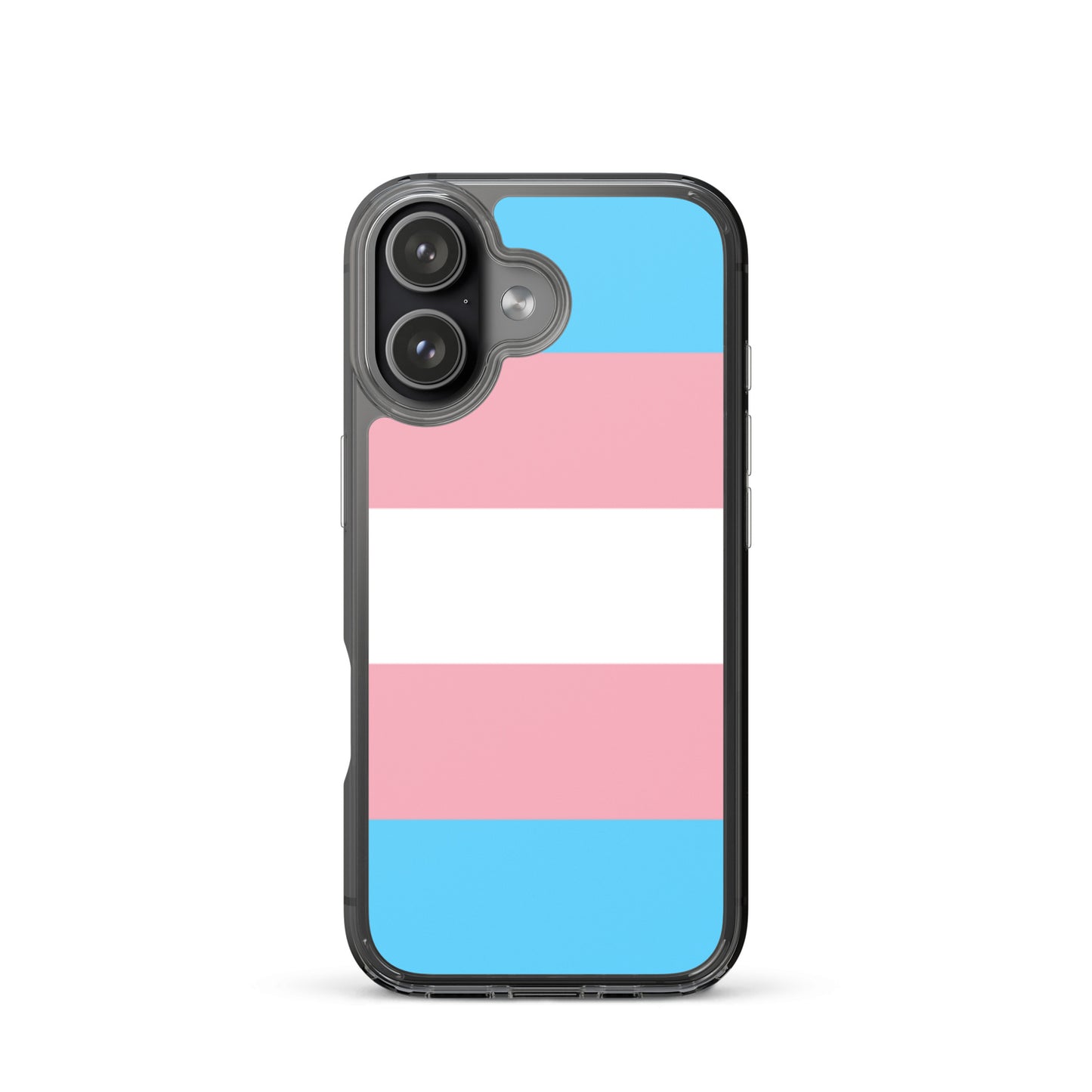 Apple iPhone 17 cell phone case with trans pride flag design on white background