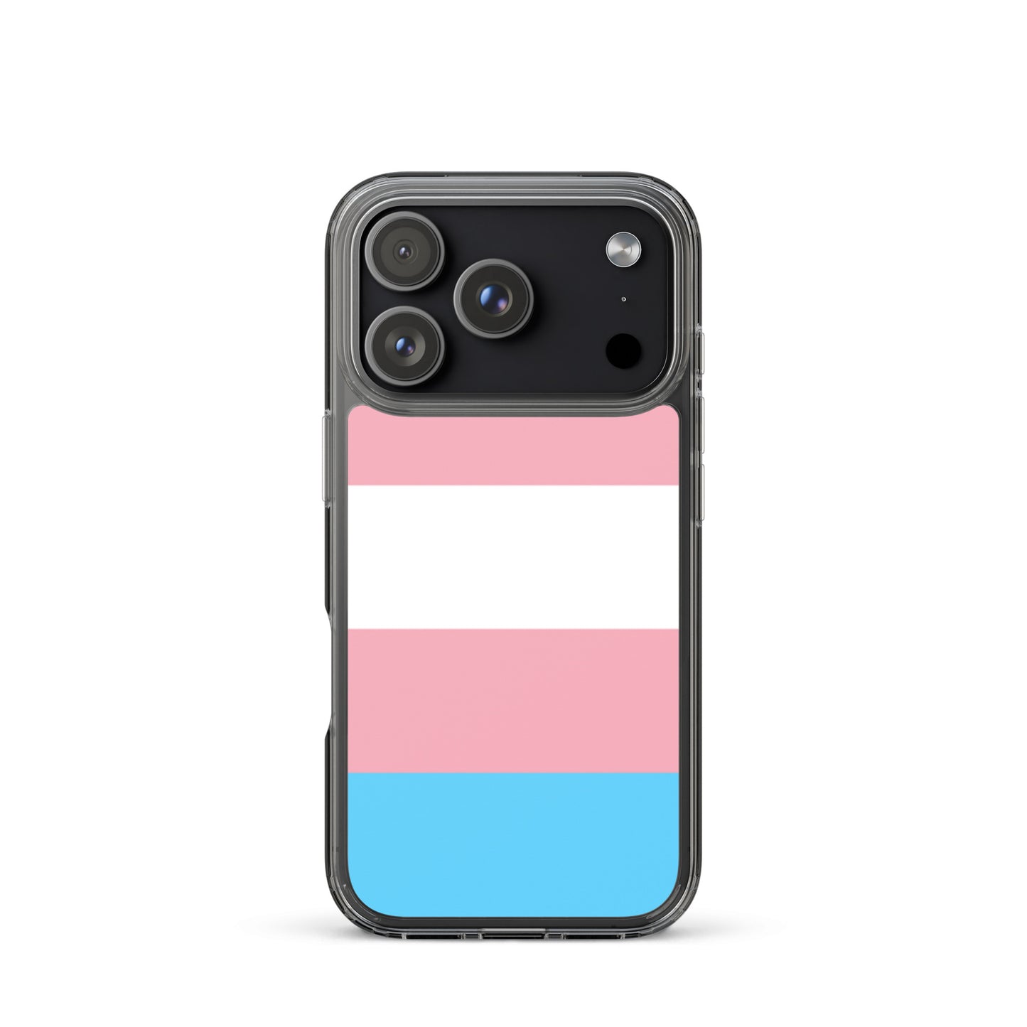 Apple iPhone 17 Pro mobile phone case with transgender pride flag design on white background