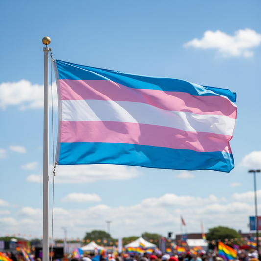 A transgender pride flag with five horizontal stripes in light blue, pink, white, pink, and light blue waves, flying on a flagpole outdoors under a blue sky with clouds. A blurred crowd is visible in the background at what appears to be a pride event.