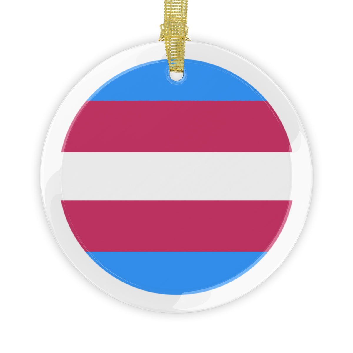 Round clear glass holiday ornament with the transgender pride flag colors in the center and a golden ribbon at top center