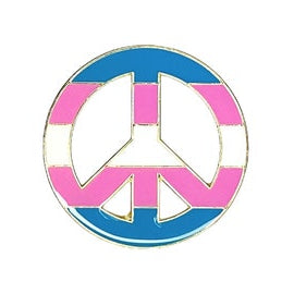 Peace symbol lapel pin with trans pride flag stripes on a white background
