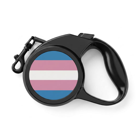 A black retractable dog leash with a round handle featuring the transgender pride flag design, complete with a black metal clasp, shown on a white background.