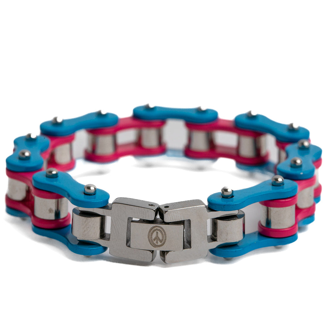 trans pride bracelet with blue and pink links and a silver clasp on a white background