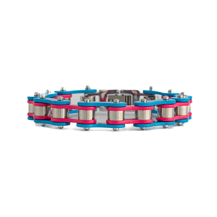 Metal bike chain bracelet with transgender pink and blue accents on a white background
