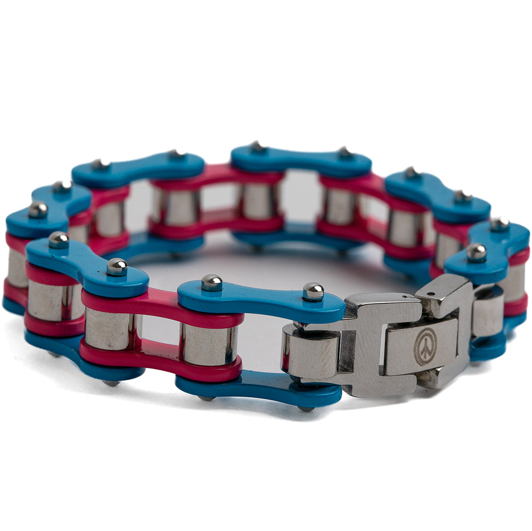 trans pride colored chain bracelet with a silver clasp on a white background