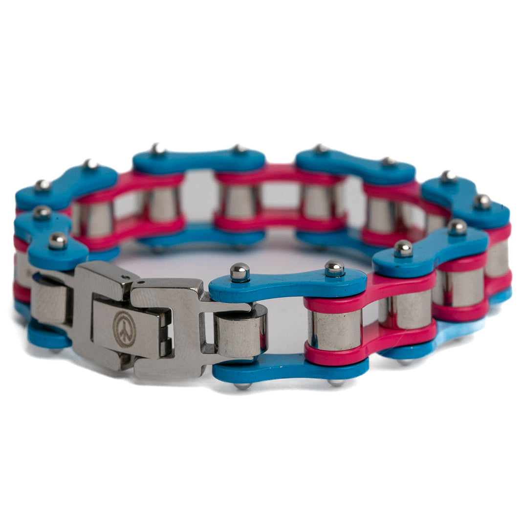 transgender pride bracelet with blue, pink, and silver chain links on a white background