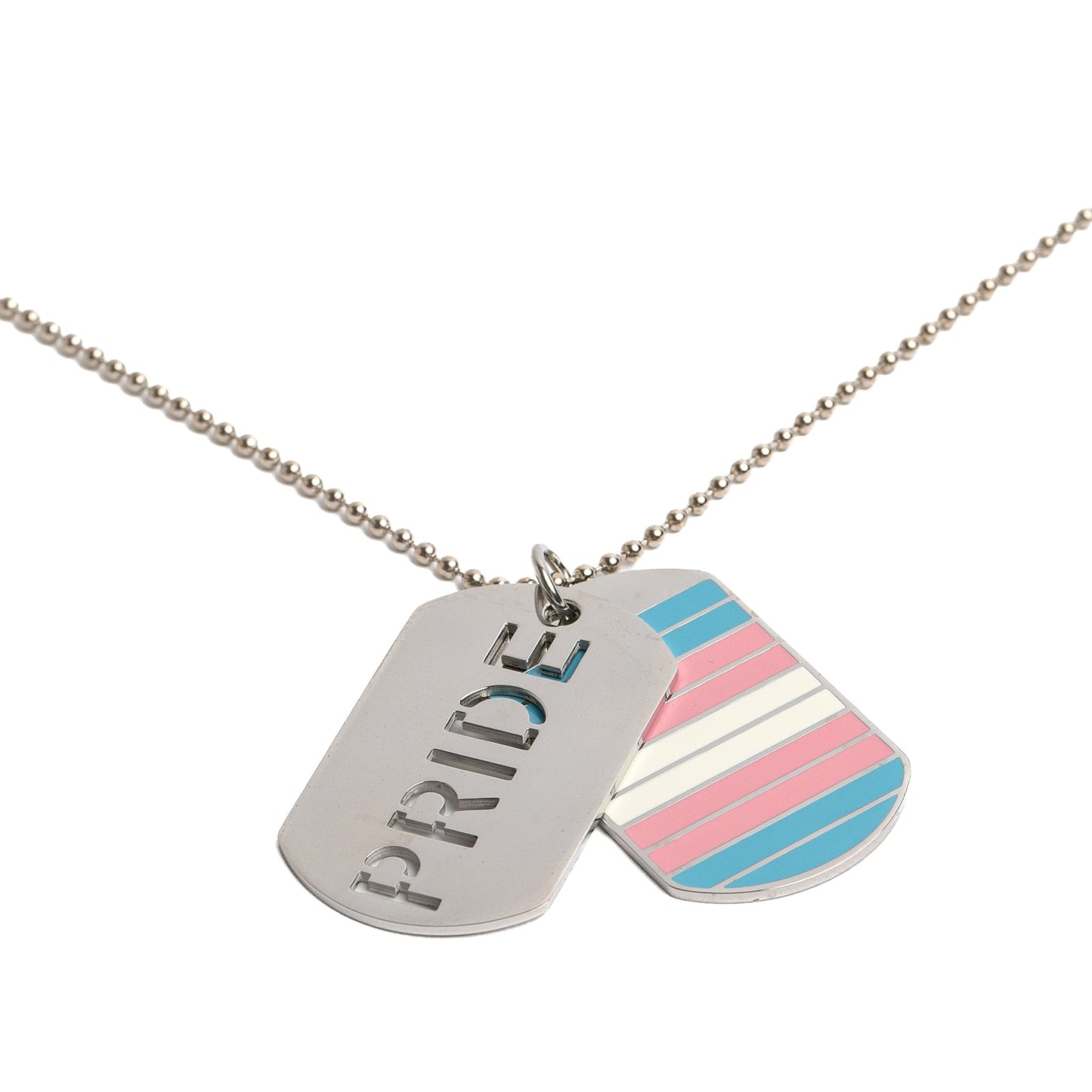 transgender pride-themed necklace with two dog tag pendants, one with the text "PRIDE" on a white background