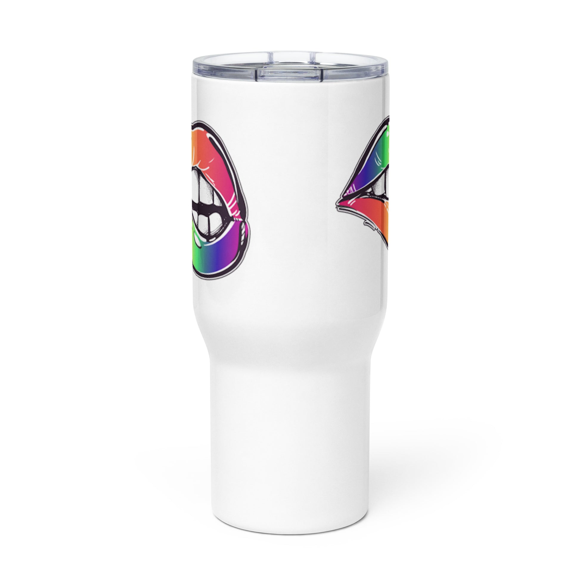 LGBTQ Pride Stainless Steel Travel Mug with Handle - Rainbow Lips travel-mug-with-a-handle-white-25-oz-front-64d901f95d729