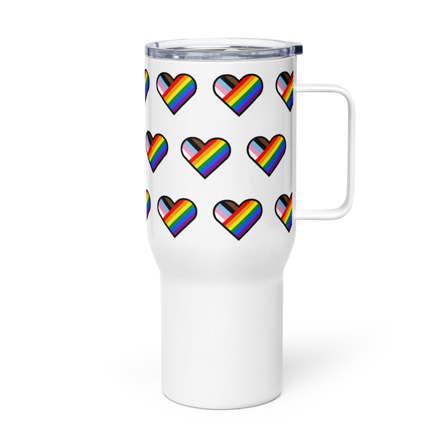 LGBTQ Pride Travel Mug with Handle - Progress Pride Daniel Quasar Hearts travel-mug-with-a-handle-white-25-oz-left-64d189fba6a14