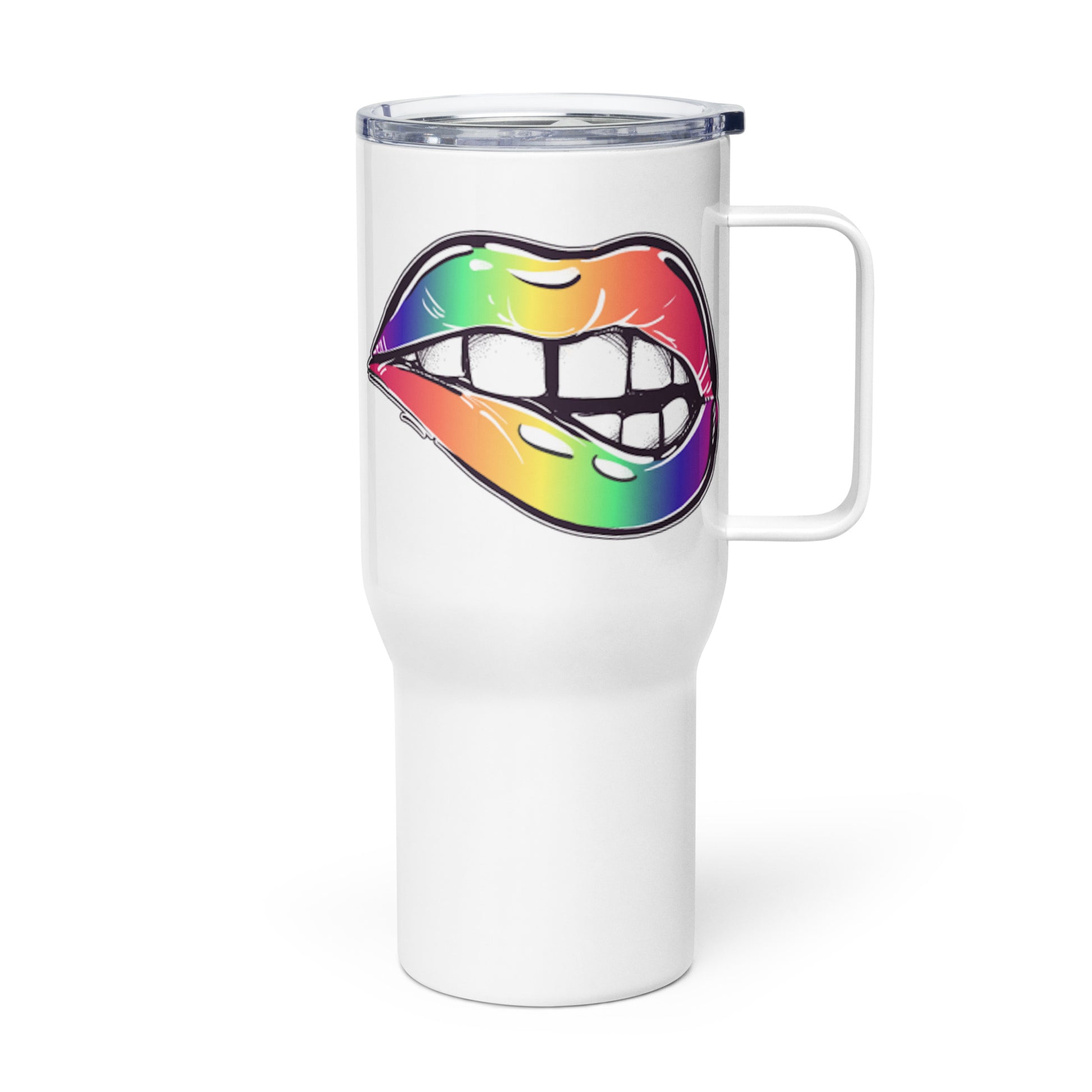 LGBTQ Pride Stainless Steel Travel Mug with Handle - Rainbow Lips travel-mug-with-a-handle-white-25-oz-left-64d901f95d78c