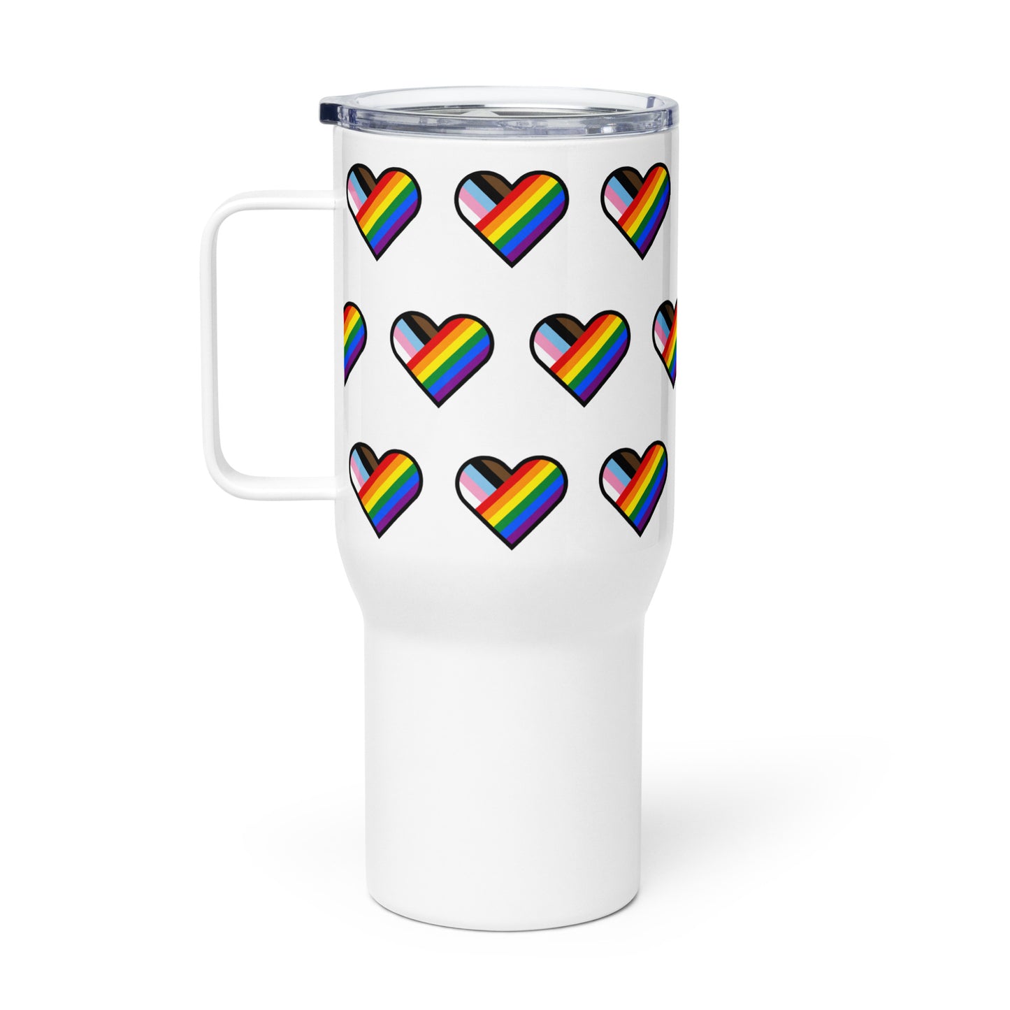 LGBTQ Pride Travel Mug with Handle - Progress Pride Daniel Quasar Hearts White Pride travel-mug-with-a-handle-white-25-oz-right-64d189fba696b